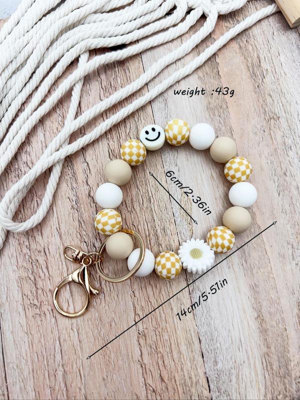 Boho Style Checkerboard Pattern Silicone Beaded Keychain, Cute Flower & Smile Face Charm Keychain, Fashion Accessories for Women & Men