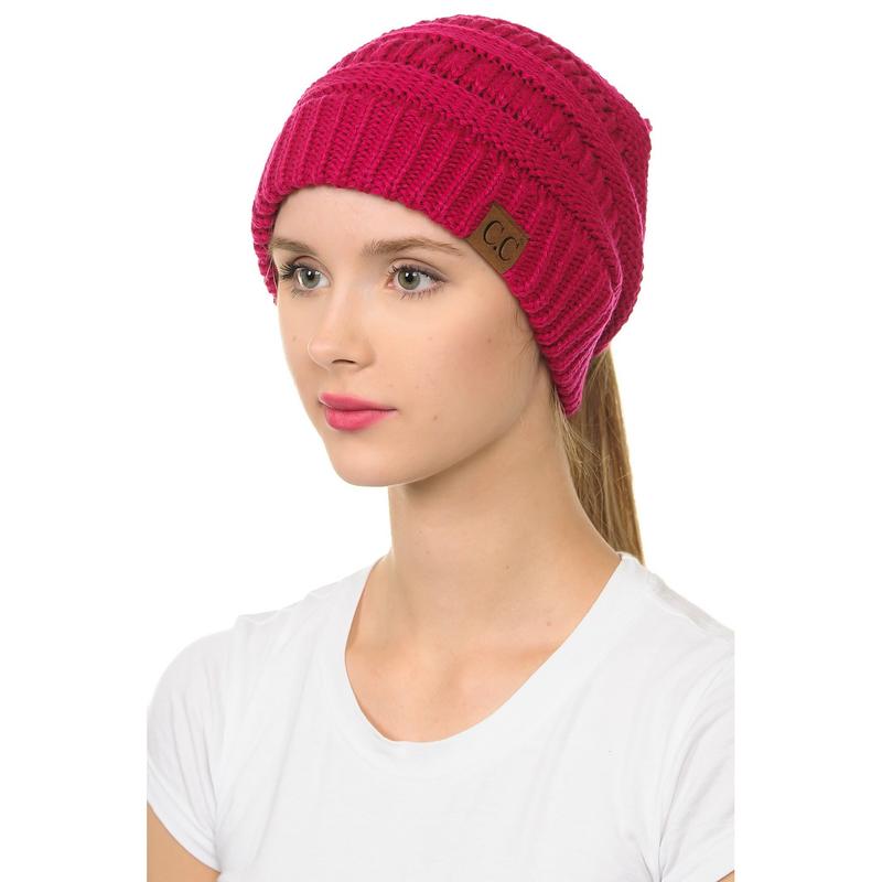 Soft Stretch Cable Knit Warm Hat High Bun Ponytail Beanie - C.C Solid MB20A