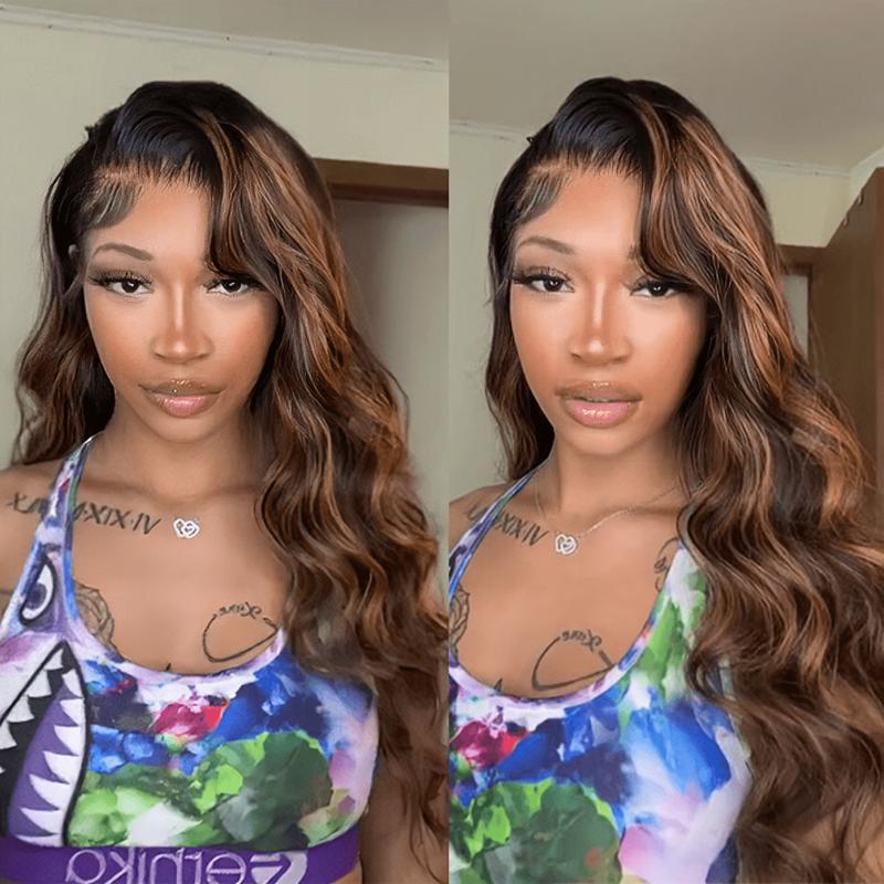 Tinashe 100% Human Hair Wear & Go Glueless Wig Ombre Highlight Brown Color 6x5 Pre-cut HD Lace Pre-Bleached Knots Pre-plucked Hairline