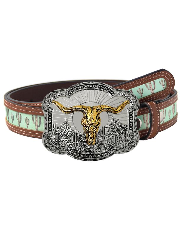 Topacc Western Belts for Womens Mens Cactus Print Country Belts with Buckles for Pants