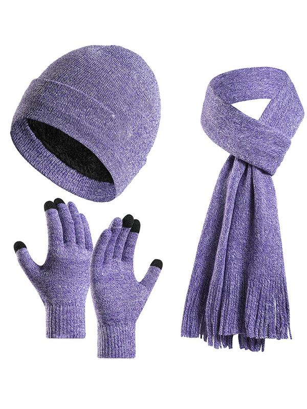 Women's Elegant Solid Color Knit Touchscreen Gloves & Beanie Hat & Shawl, Fashionable Warm Hat Scarf Gloves Set for Fall & Winter, Ideal Choice for Gifts