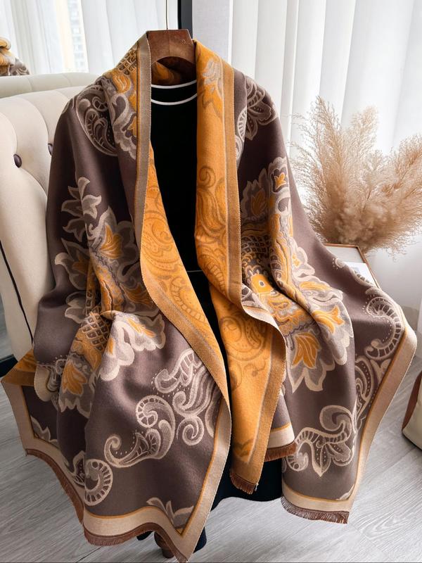 Ethnic Pattern Fringe Trim Shawl, Casual Soft Warm Long Scarf for Fall & Winter, Fashion Accessories for Women & Men