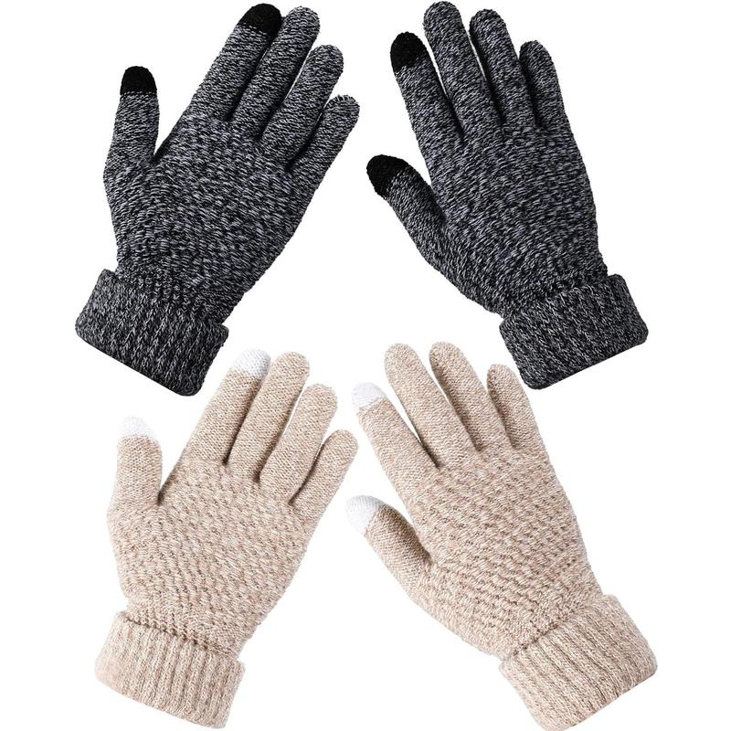 2 Pairs Women's Winter Touchscreen Gloves Warm Fleece Lined Knit Gloves Elastic Cuff Winter Texting Gloves