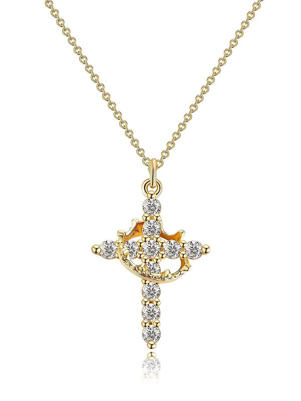 Simple Crown Cross Pendant Necklace for Women & Men, Rhinestone Decor Necklace for Party, Daily Clothing Decor, Trendy All-match & Exquisite Jewelry for Birthday Gift