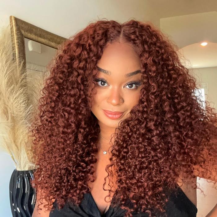 UNice 7x5 13x4 6x4.5 Pre-cut Glueless Lace Reddish Brown Curly 100% Human Hair With Bleached Knots Beginners Friendly Wig 100% Human Hair