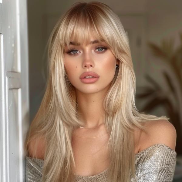 HAIRCUBE Long Ombre Blonde Wigs for Women Straight Synthetic Layered Wig with Bangs