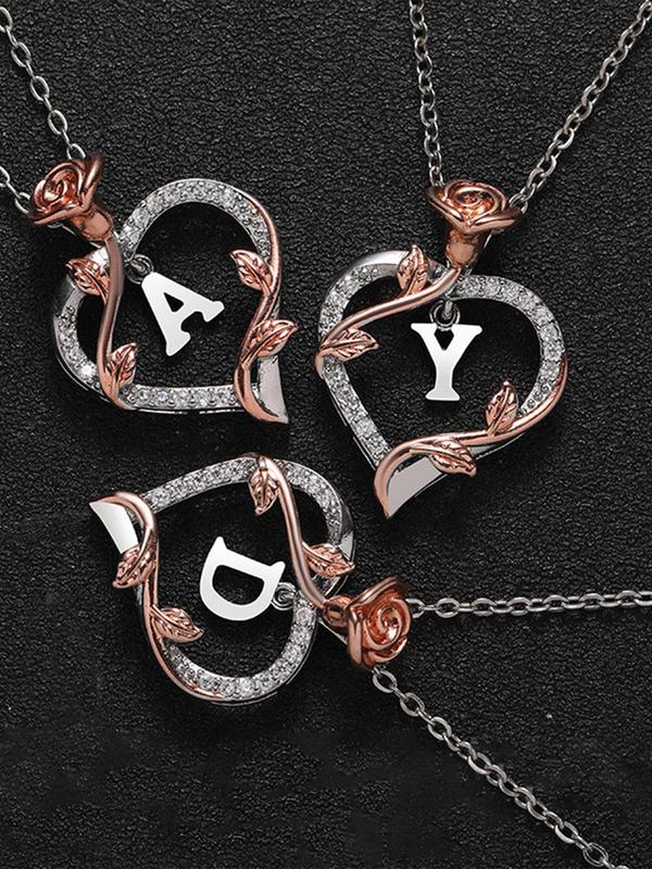 Heart Shaped Letter Charm Pendant Necklace , Elegant Rhinestone Decor Necklace for Women & Girls, Fashion Jewelry for Party, Daily Decor, Trendy All-match & Exquisite Jewelry for Birthday Gift