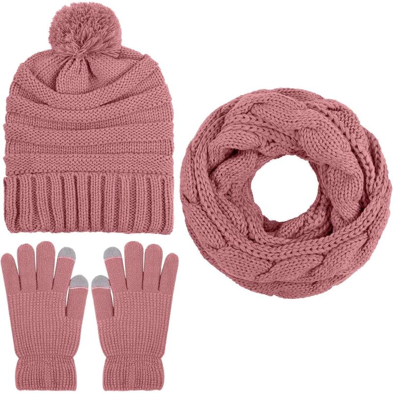 Winter Warm Knitted Scarf Beanie Hat and Gloves Set Men & Women's Soft Stretch Hat Scarf and Mitten Set