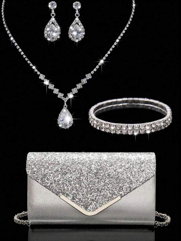 Women's Elegant Rhinestone Decorated Evening Bag with Jewelry Set, Including Shining Envelope Evening Bag & Water Drop Dangle Earring & Pendant Necklace & Bracelet