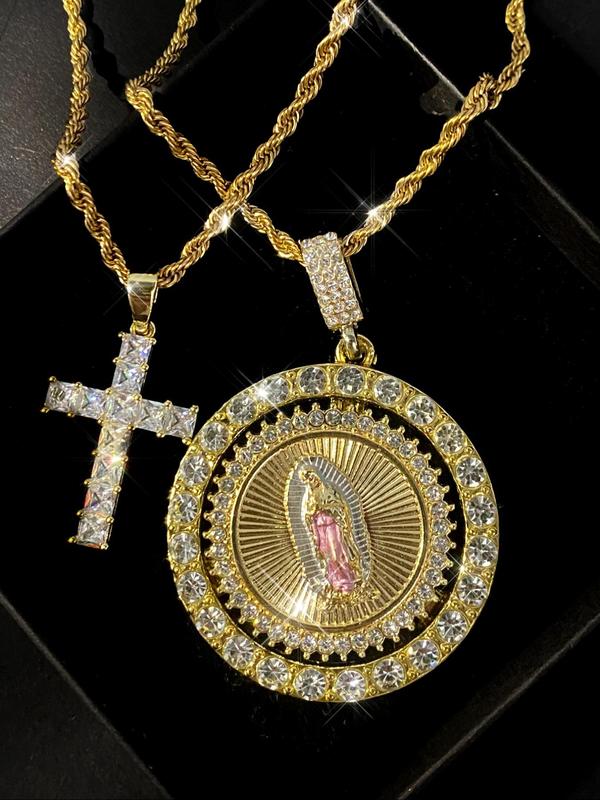 Virgin Mary Pendant Rope Chain & Cross Pendant Necklace, Charm Necklace, Necklaces for Women, Rhinestone Decor Layered Necklace, Fashion Jewelry Accessories for Women & Men