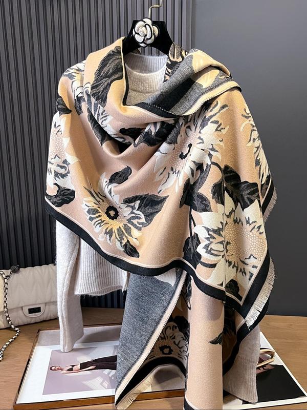 Floral Print Fringe Trim Shawl, Casual Soft Warm Double Sided Scarf for Fall & Winter, Fashion Accessories for Women & Men