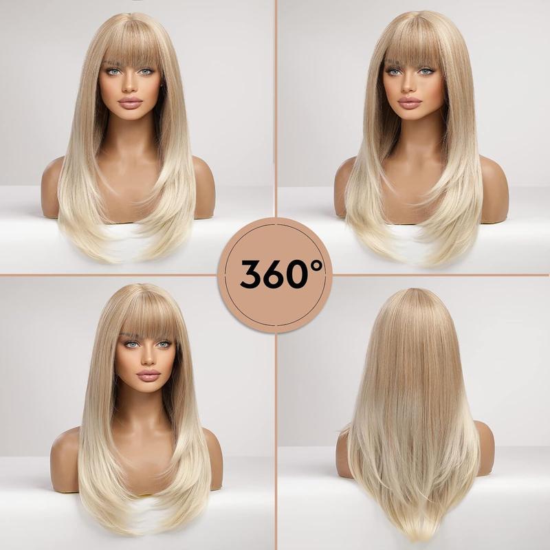 HAIRCUBE Long Ombre Blonde Wigs for Women Straight Synthetic Layered Wig with Bangs