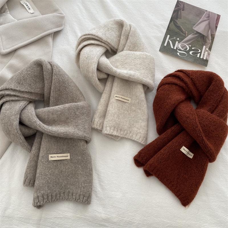 Soft Glutinous Skin-Friendly Pure Color All-Matching Knitted Scarf Women's Winter Warm Wool Scarf Comfortable White Student Couple Korean