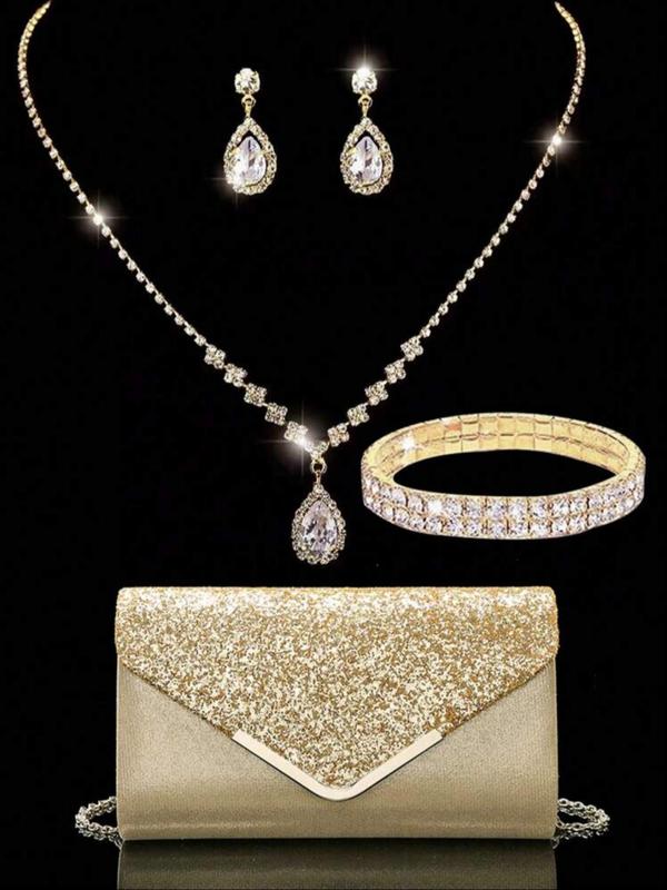 Women's Elegant Rhinestone Decorated Evening Bag with Jewelry Set, Including Shining Envelope Evening Bag & Water Drop Dangle Earring & Pendant Necklace & Bracelet