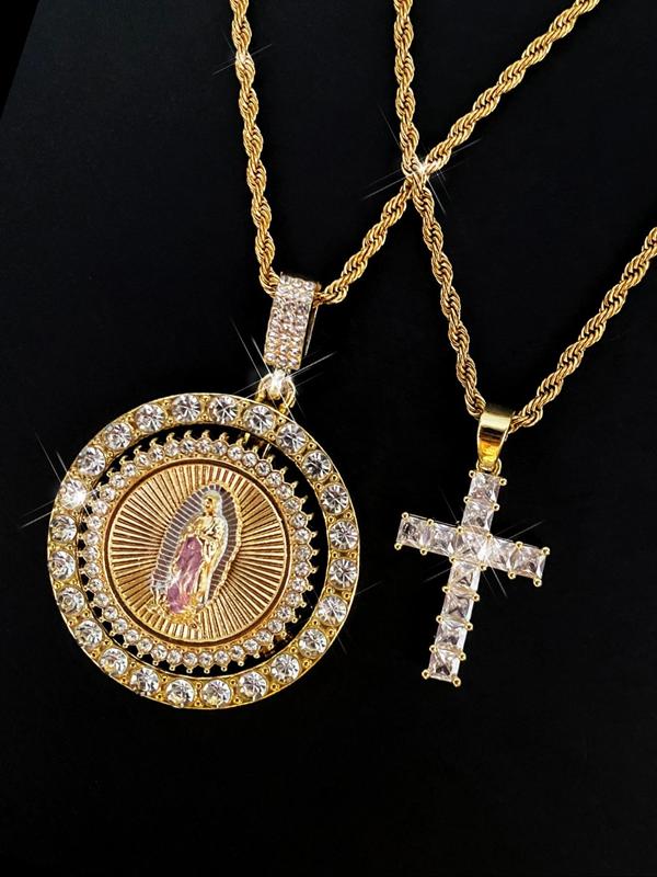 Virgin Mary Pendant Rope Chain & Cross Pendant Necklace, Charm Necklace, Necklaces for Women, Rhinestone Decor Layered Necklace, Fashion Jewelry Accessories for Women & Men