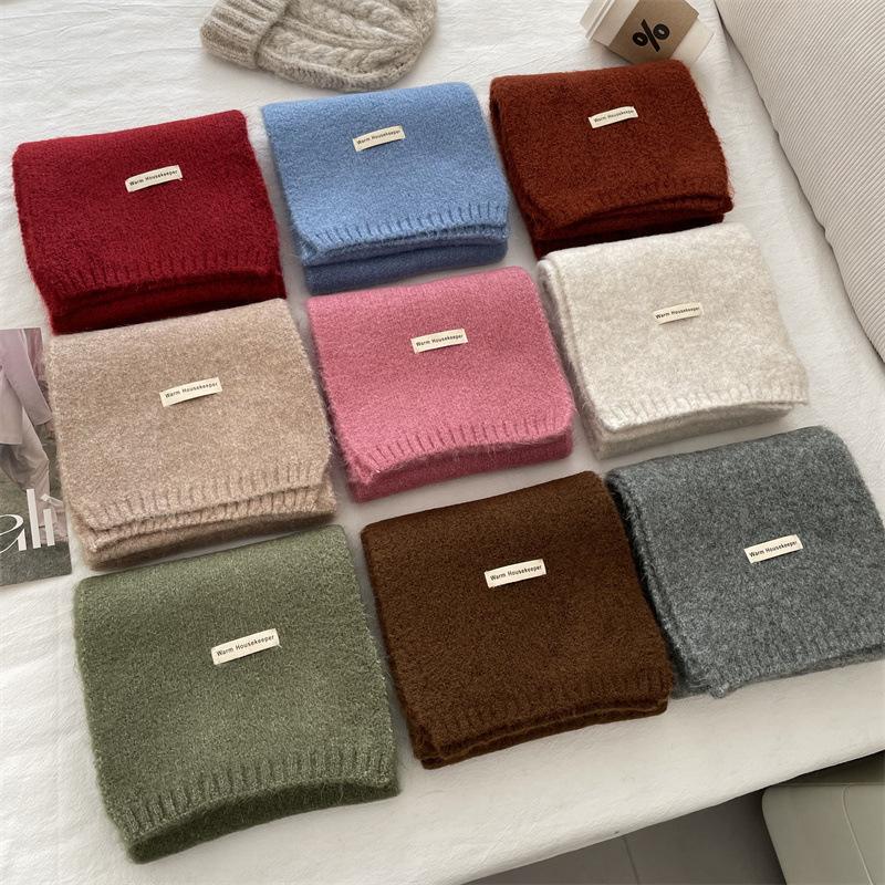 Soft Glutinous Skin-Friendly Pure Color All-Matching Knitted Scarf Women's Winter Warm Wool Scarf Comfortable White Student Couple Korean