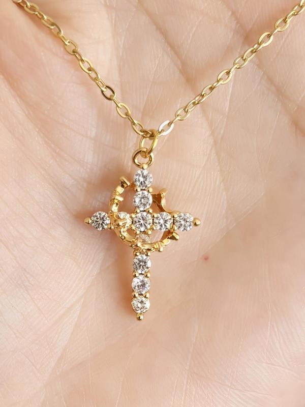 Simple Crown Cross Pendant Necklace for Women & Men, Rhinestone Decor Necklace for Party, Daily Clothing Decor, Trendy All-match & Exquisite Jewelry for Birthday Gift