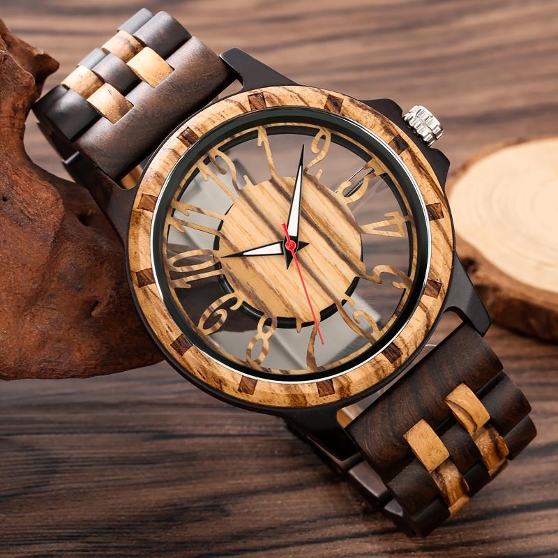 Unique Wooden Quartz Men's Watch - Round, Colorful Hollowed Out Arabic Numeral Dial, Electronic Quartz Movement, Natural Wood Strap, Casual Style