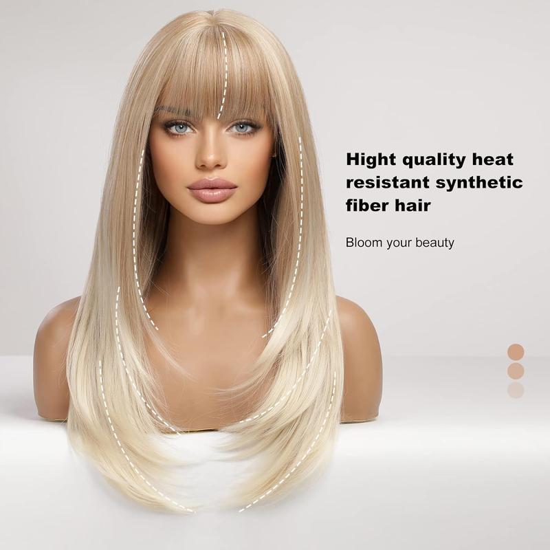 HAIRCUBE Long Ombre Blonde Wigs for Women Straight Synthetic Layered Wig with Bangs