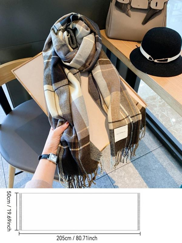 Women's Plaid Pattern Fringe Trim Scarf, Casual Soft Warm Shawl for Fall & Winter, Fashion Accessories for Daily Wear