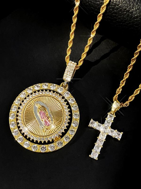 Virgin Mary Pendant Rope Chain & Cross Pendant Necklace, Charm Necklace, Necklaces for Women, Rhinestone Decor Layered Necklace, Fashion Jewelry Accessories for Women & Men