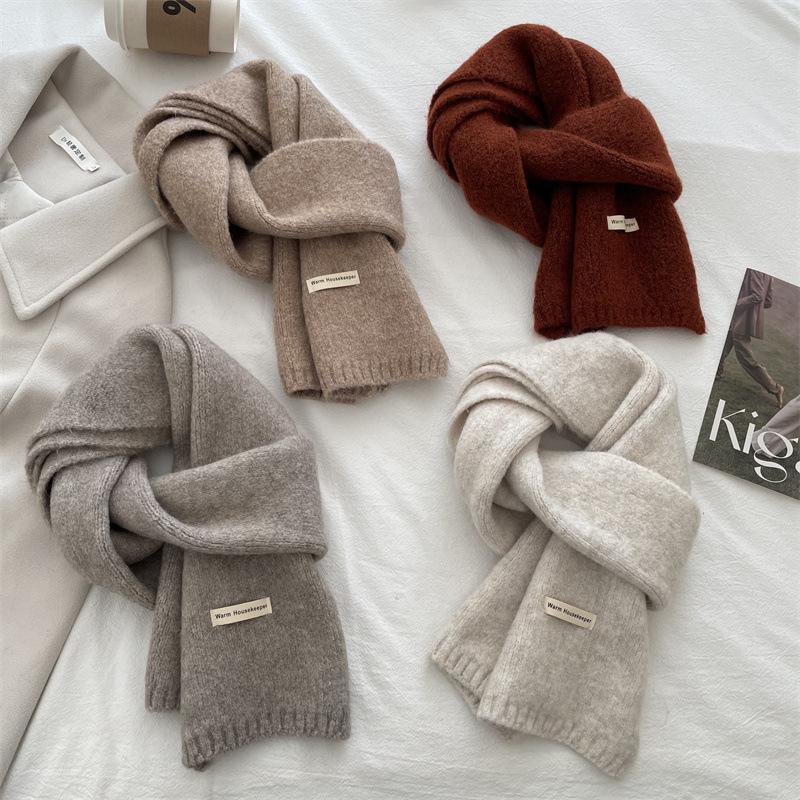 Soft Glutinous Skin-Friendly Pure Color All-Matching Knitted Scarf Women's Winter Warm Wool Scarf Comfortable White Student Couple Korean