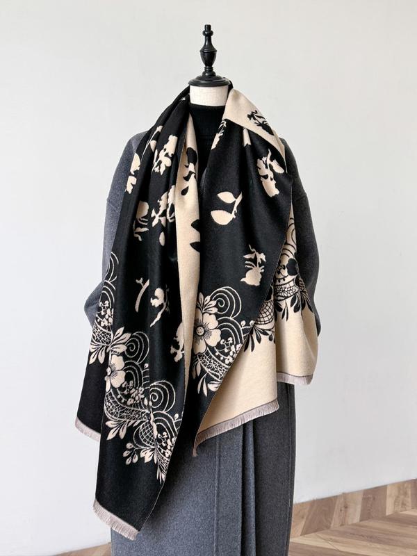 Floral Print Tassel Decor Shawl, Casual Soft Warm Double Sided Scarf for Fall & Winter, Fashion Accessories for Women & Men