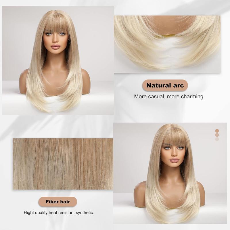 HAIRCUBE Long Ombre Blonde Wigs for Women Straight Synthetic Layered Wig with Bangs