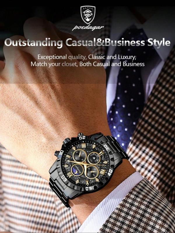 Men's Business Fashion Round Dial Analog Quartz Watch, Fashion Moon & Star Design Watch for Party, Daily Clothing Decor, Trendy Waterproof & Luminous Watch for Birthday Gift with Box