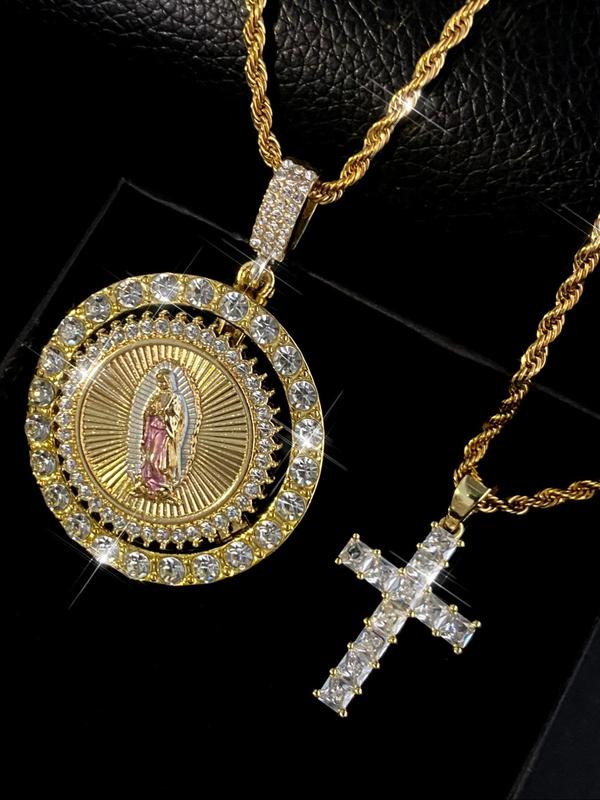 Virgin Mary Pendant Rope Chain & Cross Pendant Necklace, Charm Necklace, Necklaces for Women, Rhinestone Decor Layered Necklace, Fashion Jewelry Accessories for Women & Men