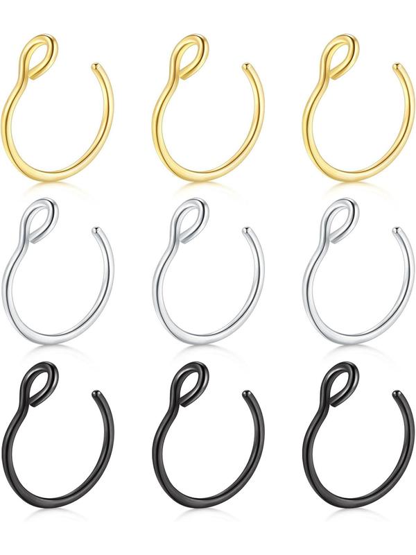 9pcs set Stainless Steel Nose Ring, Fake Piercing Jewelry, Nose Ring For Women & Men