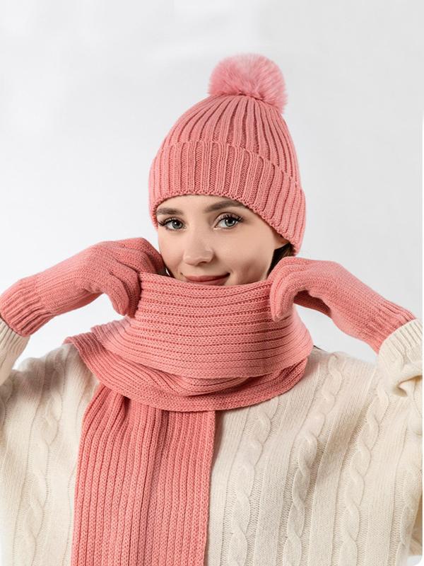 Women's Solid Color Beanie Hat & Scarf & Gloves Set, Casual Pom Pom Decor Warm Knit Hat & Long Scarf & Touchscreen Gloves for Fall & Winter