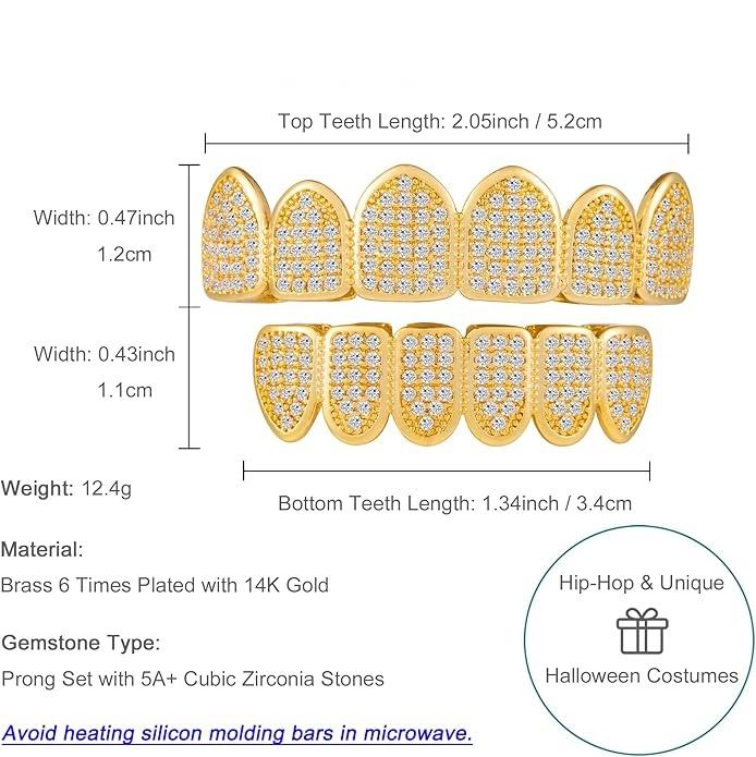 2Pcs Set Hip Hop Cubic Zirconia Teeth Grills Punk Tooth Caps for Rappers and Cosplayers