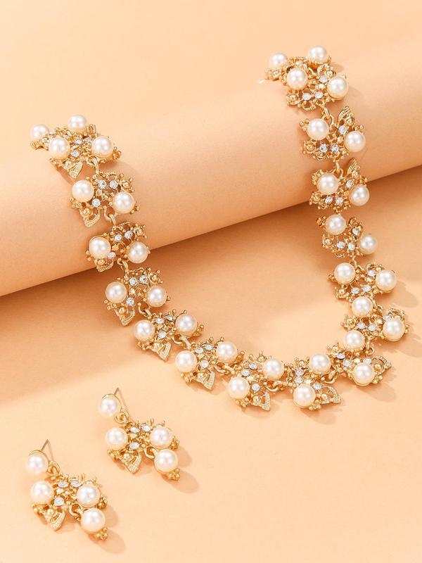 Faux Pearl & Rhinestone Decor Chocker Necklace & Dangle Earrings, Elegant Women Wedding Bridal Jewelry Set