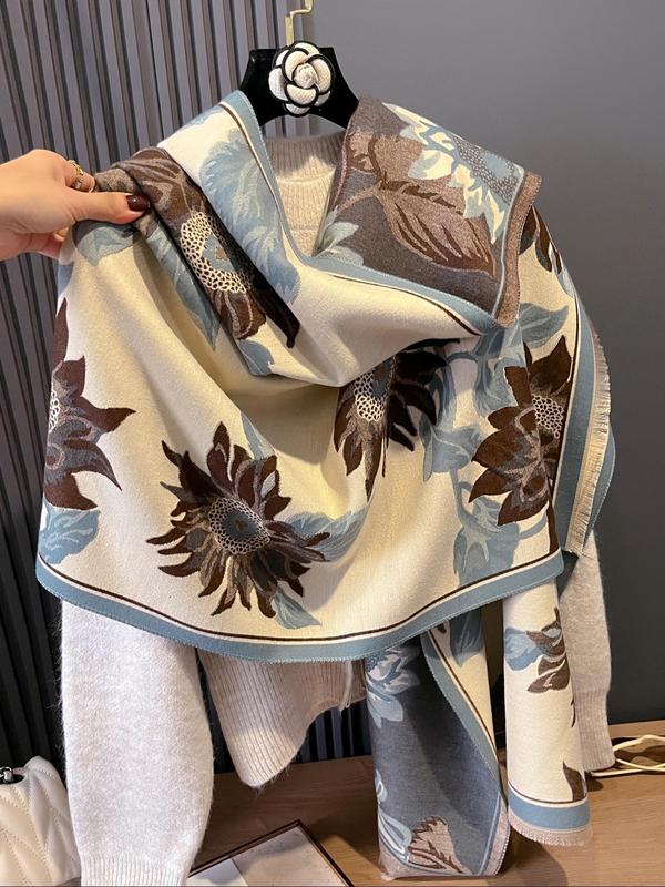 Floral Print Fringe Trim Shawl, Casual Soft Warm Double Sided Scarf for Fall & Winter, Fashion Accessories for Women & Men