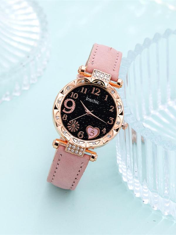 Women's Elegant Heart Flower Rhinestone Decor Quartz Watch & Bracelet, Exquisite Trendy Analog Wristwatch & Star Decor Bangle, Fashionable Watch Set As Gift