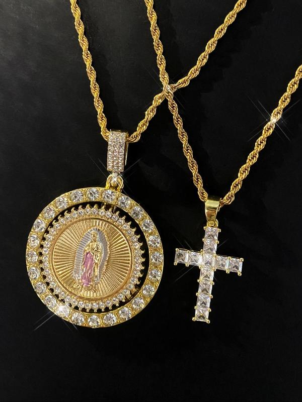 Virgin Mary Pendant Rope Chain & Cross Pendant Necklace, Charm Necklace, Necklaces for Women, Rhinestone Decor Layered Necklace, Fashion Jewelry Accessories for Women & Men