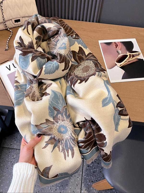 Floral Print Fringe Trim Shawl, Casual Soft Warm Double Sided Scarf for Fall & Winter, Fashion Accessories for Women & Men