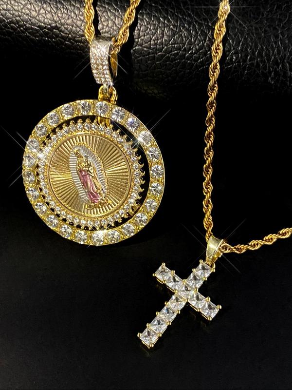 Virgin Mary Pendant Rope Chain & Cross Pendant Necklace, Charm Necklace, Necklaces for Women, Rhinestone Decor Layered Necklace, Fashion Jewelry Accessories for Women & Men