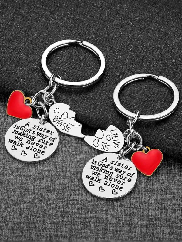 Fashion Letter Pattern Heart Charm Design Sisiter Keychain, Stainless Steel Keychain for Women & Men, Trendy All-match & Exquisite Keychain for Birthday Gift