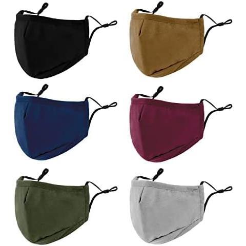 3-Ply Cloth Face Mask 6 Pack,Washable, Reusable and Breathable Face Covering with Adjustable Ear Protection Loops for Women and Men (Black Grey Wine Red Dark Green Dark Blue Brown)