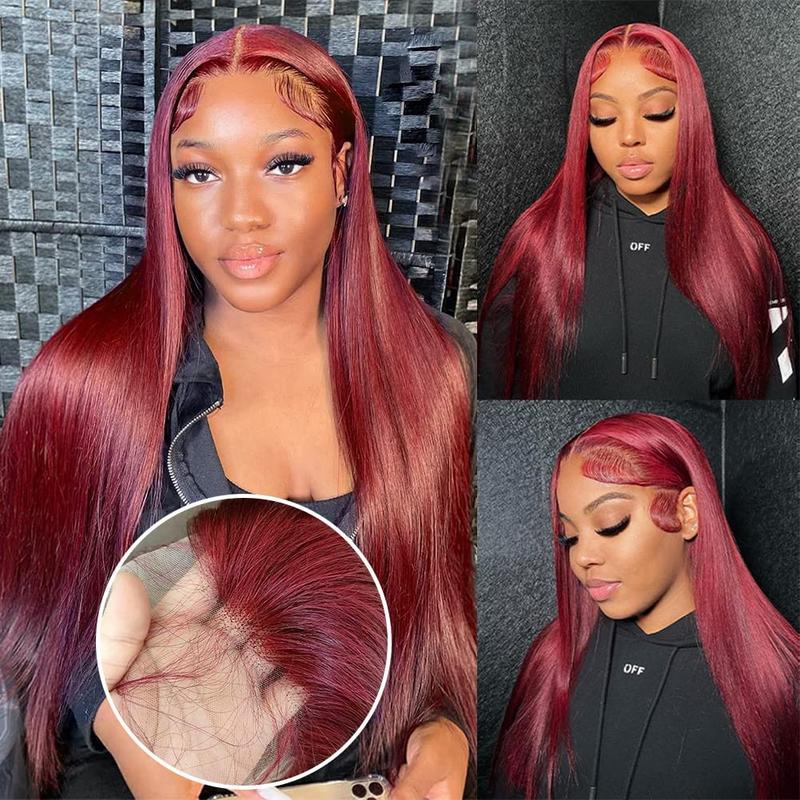 Bling Hair 99J Burgundy Lace Front Wigs Human Hair 13x4 Transparent Straight Lace Front Wigs Human Hair Pre Plucked Wine Red Colored Glueless Frontal Wigs Human Hair for Women 180% Density