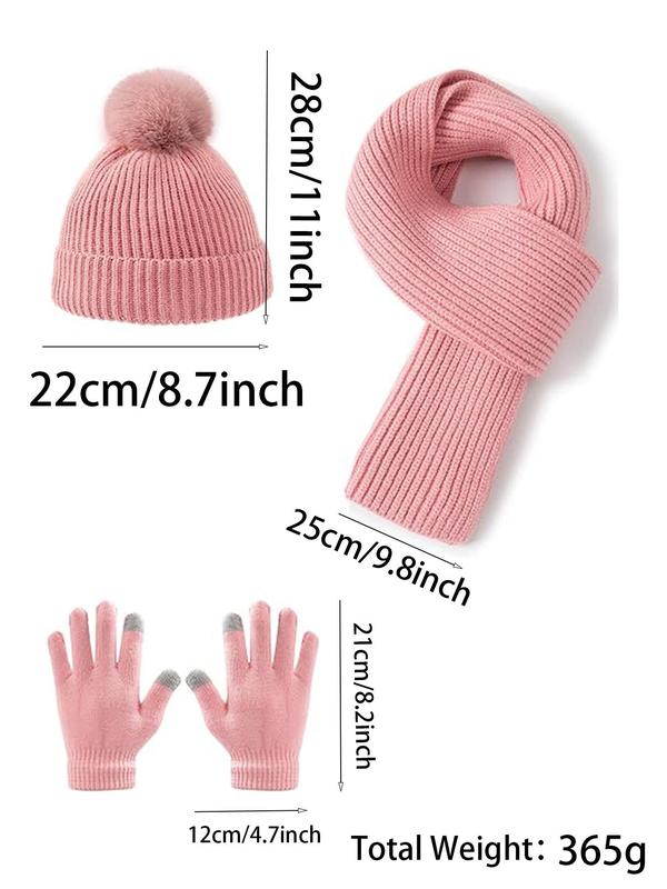 Women's Solid Color Beanie Hat & Scarf & Gloves Set, Casual Pom Pom Decor Warm Knit Hat & Long Scarf & Touchscreen Gloves for Fall & Winter