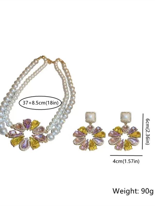 Faux Pearl & Rhinestone Decorated Flower Design Jewelry Set, Elegant Tiered Layer Necklace & Dangle Earrings, Fashion Jewelry Accessories for Women