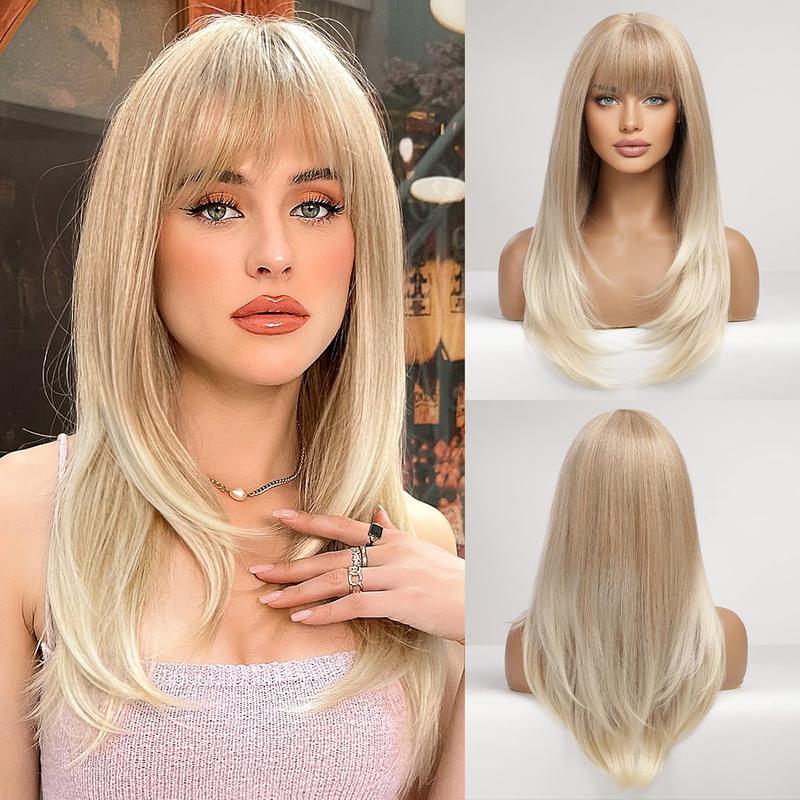 HAIRCUBE Long Ombre Blonde Wigs for Women Straight Synthetic Layered Wig with Bangs