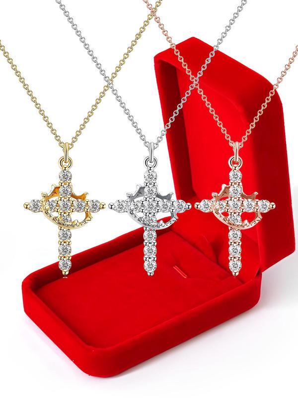 Simple Crown Cross Pendant Necklace for Women & Men, Rhinestone Decor Necklace for Party, Daily Clothing Decor, Trendy All-match & Exquisite Jewelry for Birthday Gift