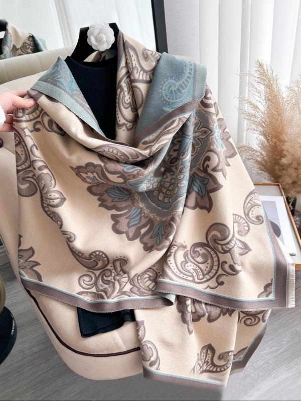 Ethnic Pattern Fringe Trim Shawl, Casual Soft Warm Long Scarf for Fall & Winter, Fashion Accessories for Women & Men