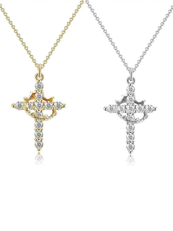 Simple Crown Cross Pendant Necklace for Women & Men, Rhinestone Decor Necklace for Party, Daily Clothing Decor, Trendy All-match & Exquisite Jewelry for Birthday Gift