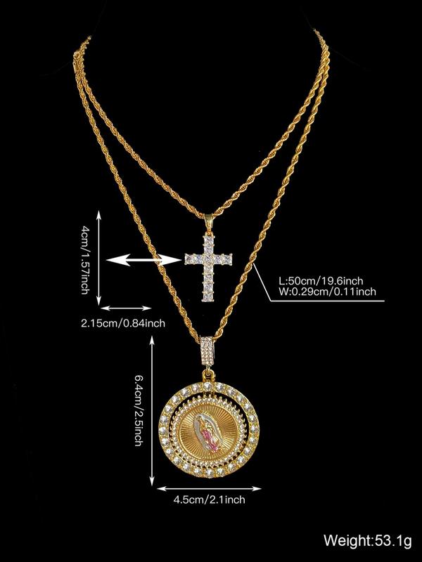 Virgin Mary Pendant Rope Chain & Cross Pendant Necklace, Charm Necklace, Necklaces for Women, Rhinestone Decor Layered Necklace, Fashion Jewelry Accessories for Women & Men