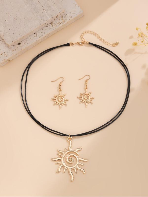 Women's Sun Design Adjustable Jewelry Set, Including Pendant Necklace & Dangle Earrings, Elegant Jewelry for Party, Daily Clothing Decor, Trendy Exquisite Jewelry for Gift